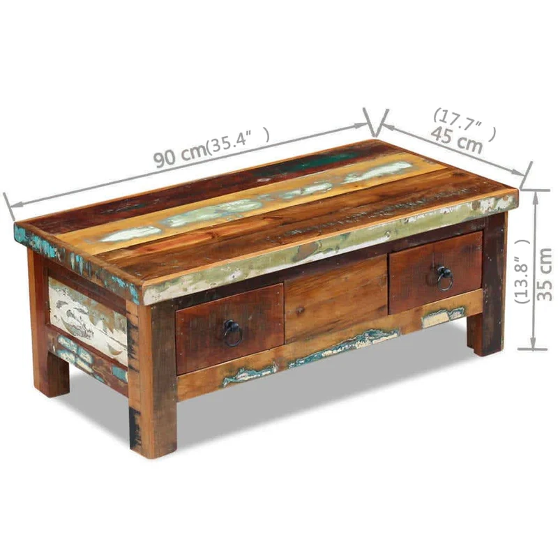 Table basse avec tiroirs en bois de récupération effet vieilli coloré 90 x 45 x 35 cm DEC040218
