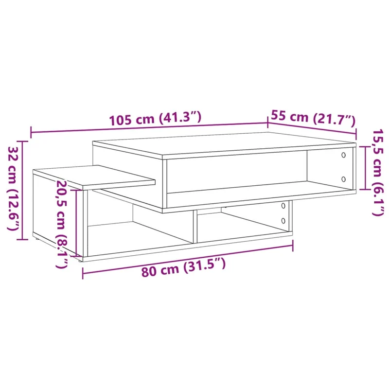 Table basse avec 3 compartiments 105 x 55 x 32 cm bois d'ingénierie marron style vieilli DEC040207