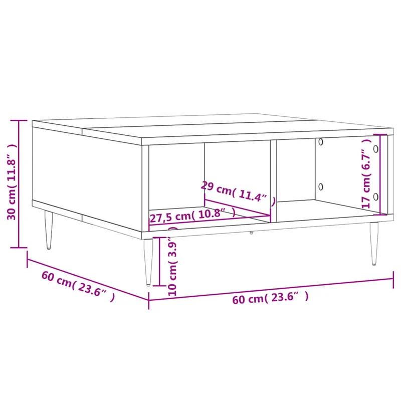 Table basse avec 4 compartiments design moderne et contemporaine 60 x 60 x 30 cm bois d'ingénierie blanc et fer DEC037926