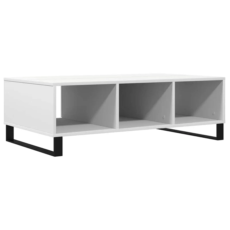 Table basse de salon 3 compartiments design moderne 104 x 60 x 35 cm bois d'ingénierie blanc et fer DEC037840