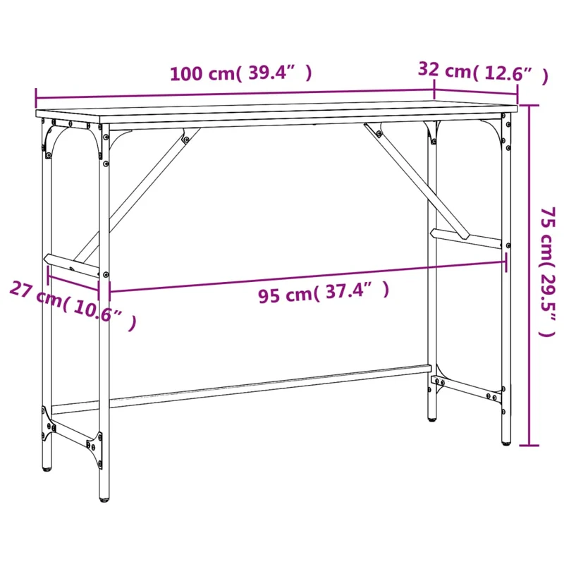 Table console 100 x 32 x 75 cm bois d'ingénierie gris et métal DEC032194