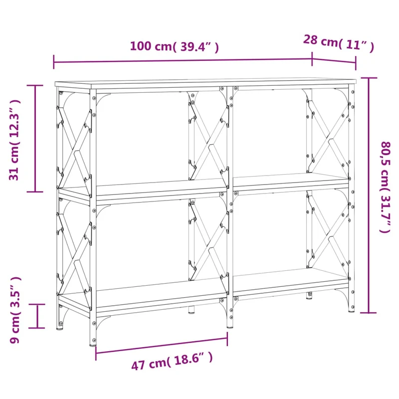 Table console style industriel avec 3 étagères 100 x 28 x 80,5 cm bois d'ingénierie couleur chêne et acier DEC031901