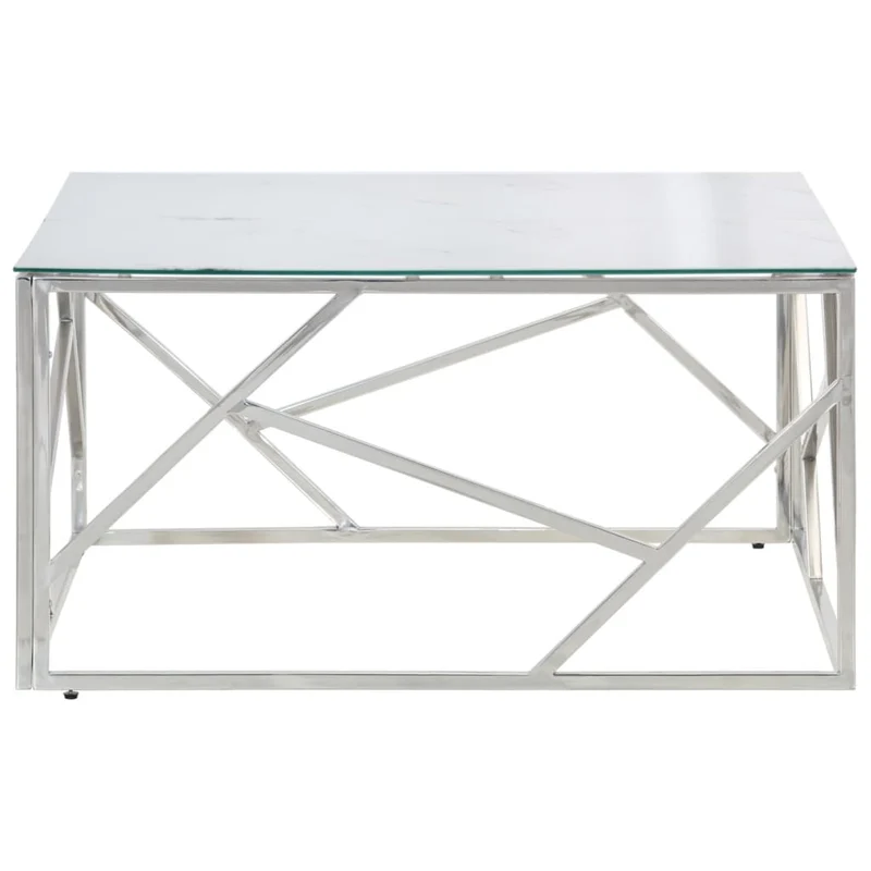 Table basse de salon design moderne en acier inoxydable argenté et verre trempé DEC037295