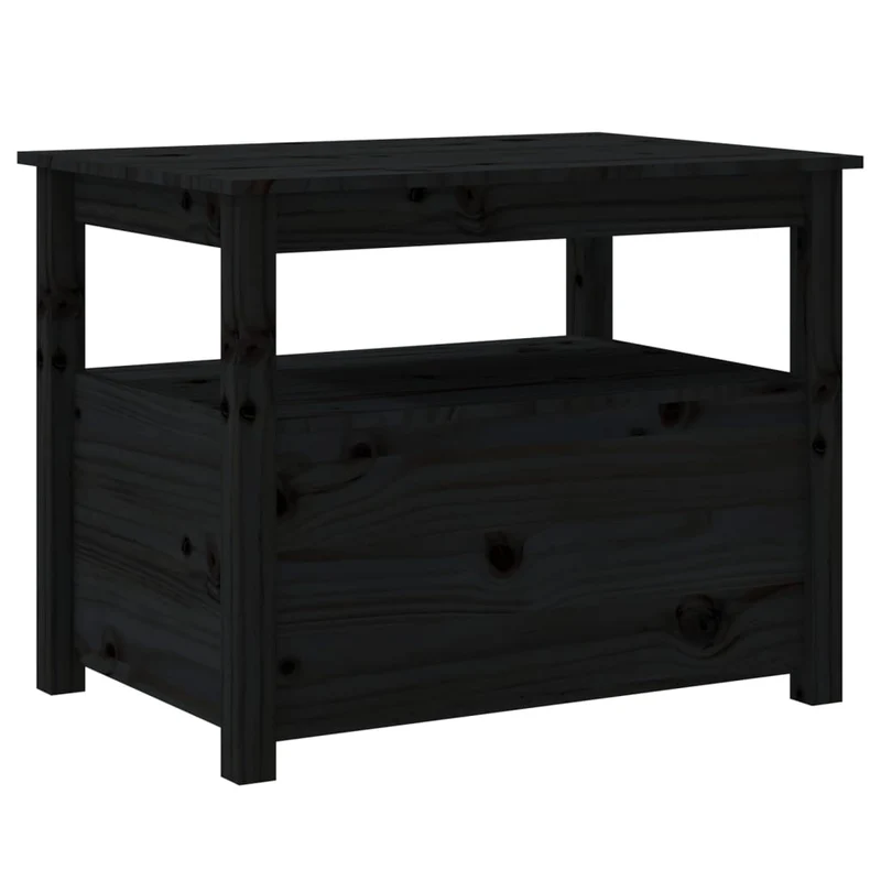 Table basse avec étagère ouverte et 2 tiroirs design rustique 71 x 49 x 55 cm bois massif de pin noir DEC039745