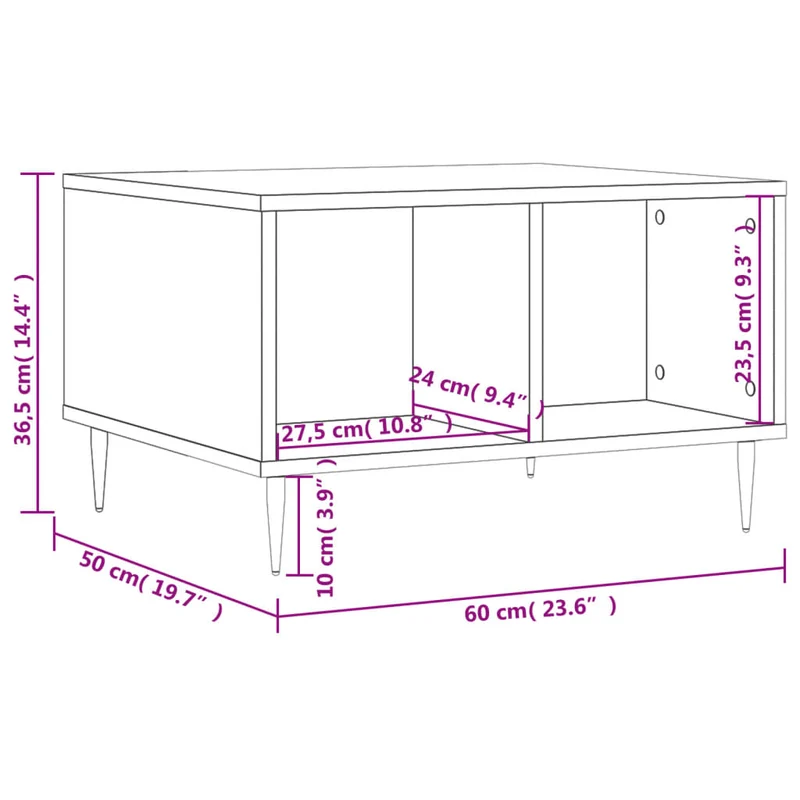 Table basse avec 4 compartiments design moderne 60 x 50 x 36,5 cm bois d'ingénierie gris et métal DEC039324