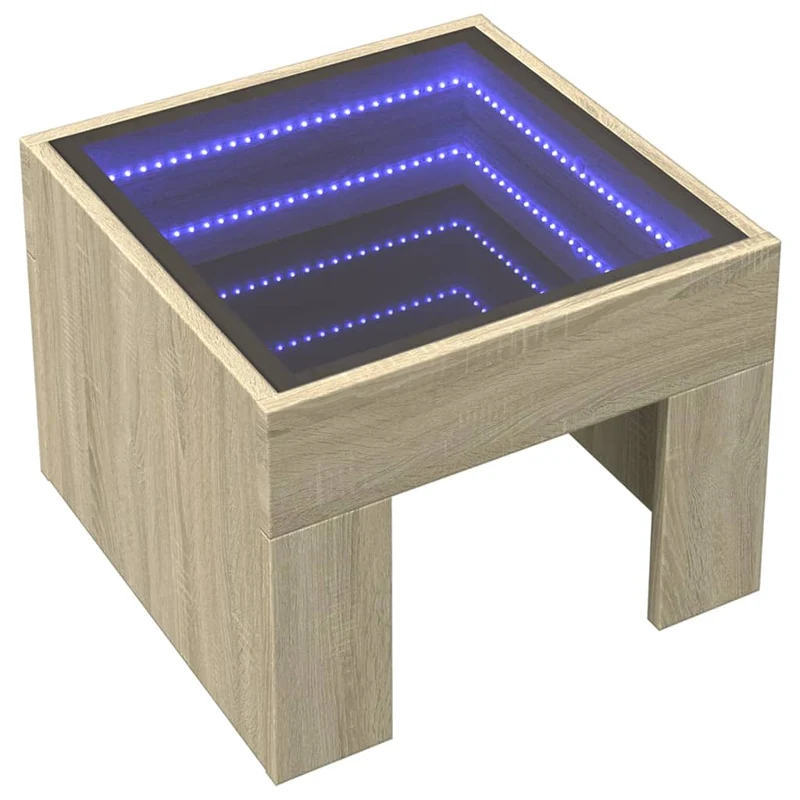 Table basse de salon design moderne avec LED 40 x 40 x 30 cm bois d'ingénierie couleur chêne et verre DEC037477