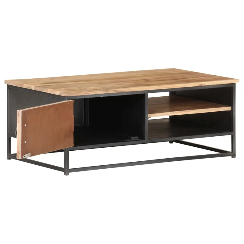 Table basse de salon avec 2 compartiments ouverts et 1 porte 90 x 50 x 35 cm bois d'acacia massif acier DEC037224