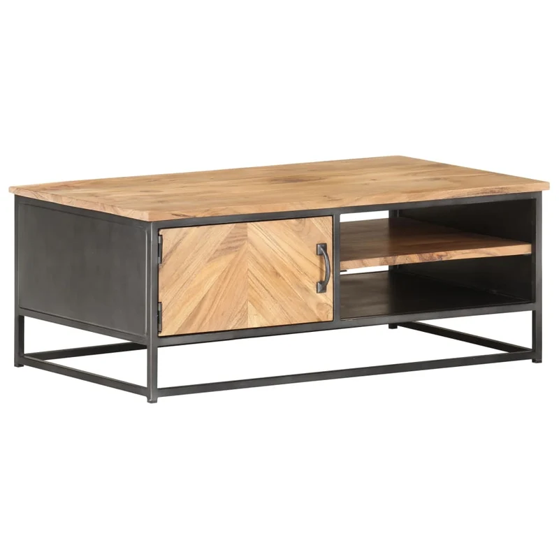Table basse de salon avec 2 compartiments ouverts et 1 porte 90 x 50 x 35 cm bois d'acacia massif acier DEC037224