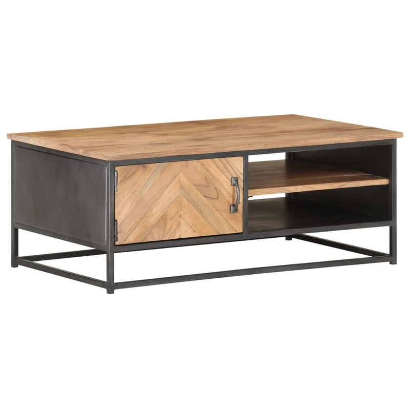 Table basse de salon avec 2 compartiments ouverts et 1 porte 90 x 50 x 35 cm bois d'acacia massif acier DEC037224