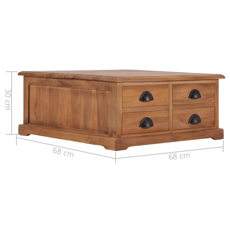 Table basse de salon avec 4 tiroirs design rustique 68 x 68 x 30 cm bois de teck solide DEC037118