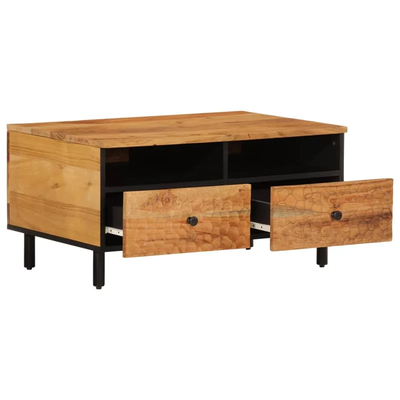 Table basse de salon avec tiroirs design rustique 80 x 54 x 40 cm bois massif d'acacia marron et fer DEC037183