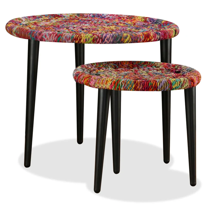 Lot de 2 tables d'appoint de salon design moderne en tissés chindi multicolore et acier DEC037035