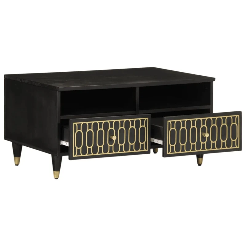 Table basse de salon avec tiroirs design moderne 80 x 54 x 40 cm bois de manguier massif noir et fer DEC037177