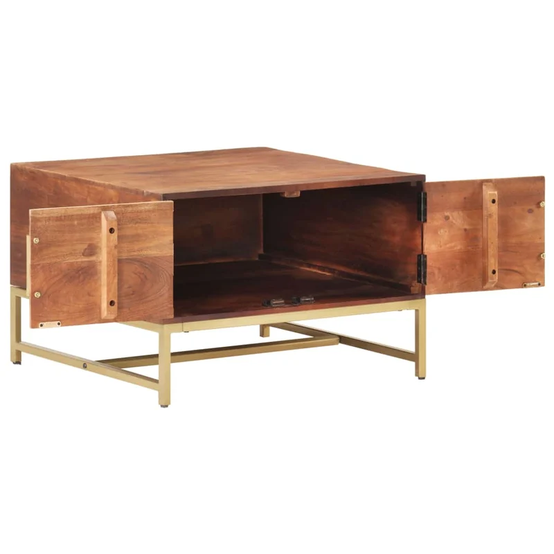 Table basse design rustique moderne 67 x 67 x 45 cm bois solide d'acacia et fer doré DEC039490