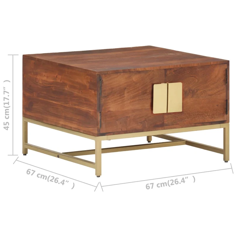 Table basse design rustique moderne 67 x 67 x 45 cm bois solide d'acacia et fer doré DEC039490