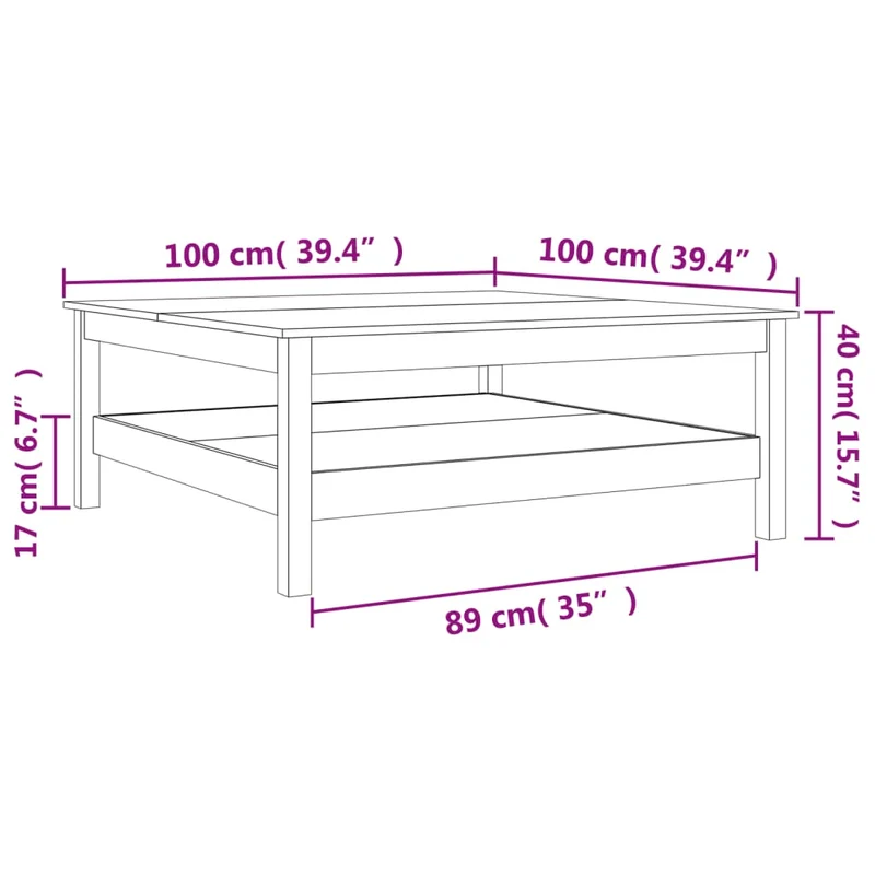 Table basse avec étagère design rustique 100 x 100 x 40 cm bois massif de pin couleur cire marron DEC039081
