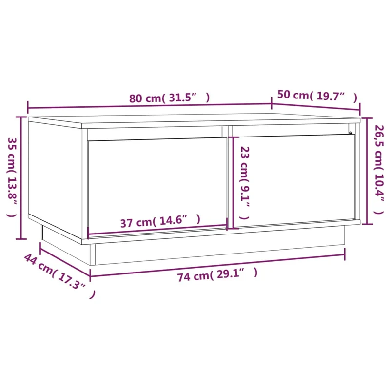 Table basse avec deux tiroirs design moderne 80 x 50 x 35 cm bois massif de pin blanc DEC037951