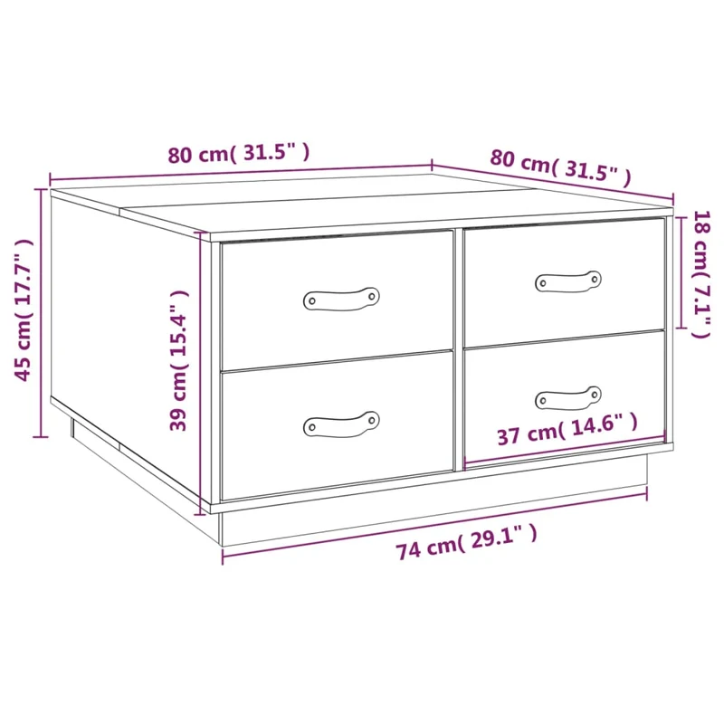 Table basse avec 4 tiroirs design moderne 80 x 80 x 45 cm bois massif de pin marron DEC039502