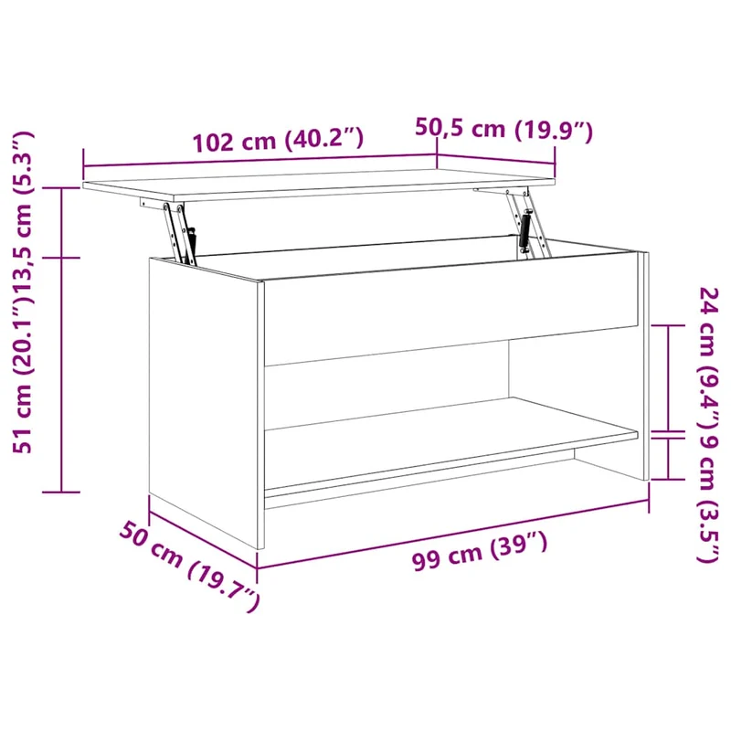 Table basse avec plateau relevable design moderne 102 x 50 x 52,5 cm bois d'ingénierie couleur chêne DEC038909