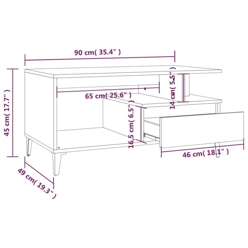 Table basse avec tiroir et étagère design moderne 90 x 49 x 45 cm bois d'ingénierie marron DEC038782