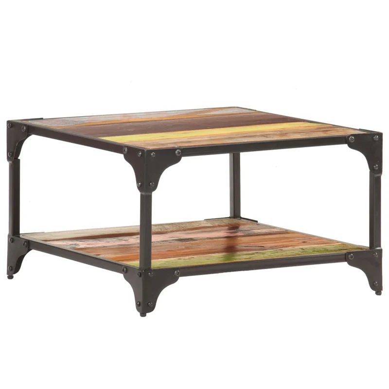 Table basse de salon design industriel 60 x 60 x 35 cm bois de récupération massif multicolore et fer DEC037105