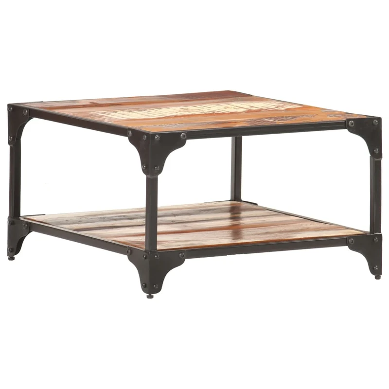 Table basse de salon design industriel 60 x 60 x 35 cm bois de récupération massif multicolore et fer DEC037105