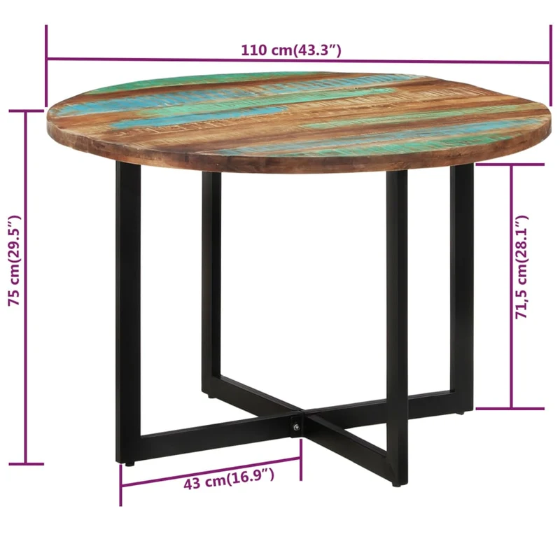Table de salle à manger design industriel 110 x 75 cm bois massif de récupération multicolore et fer DEC036696