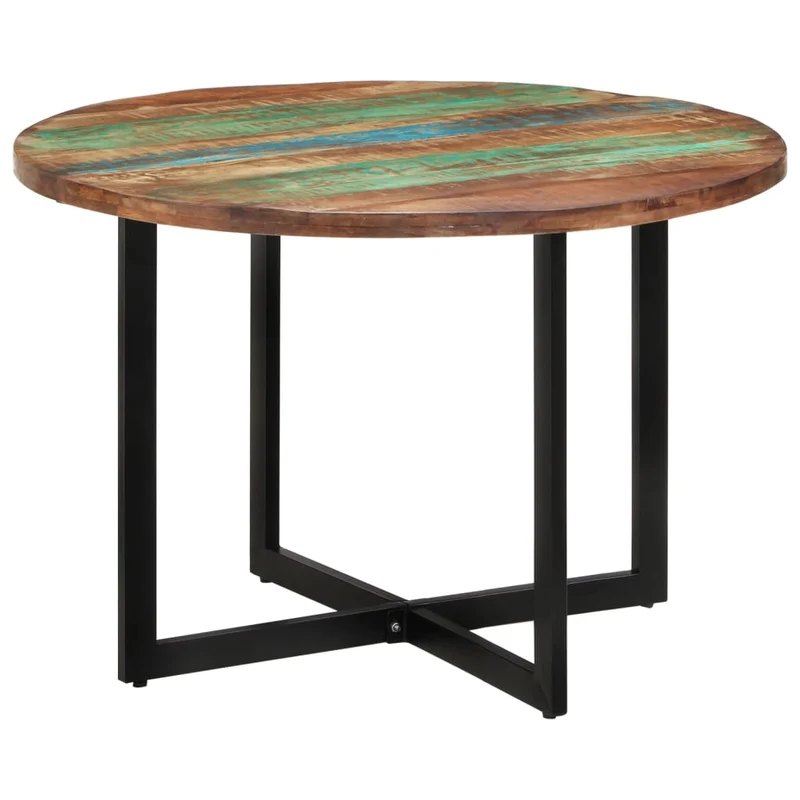 Table de salle à manger design industriel 110 x 75 cm bois massif de récupération multicolore et fer DEC036696