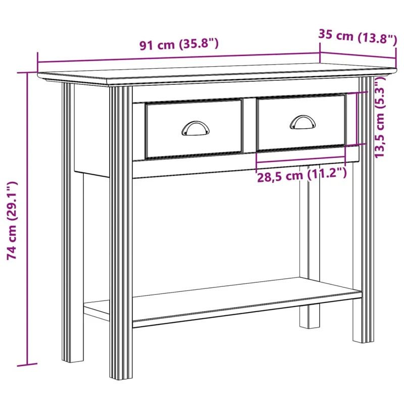 Table console avec tiroirs 91 x 35 x 74 cm bois de pin massif gris et métal DEC031730