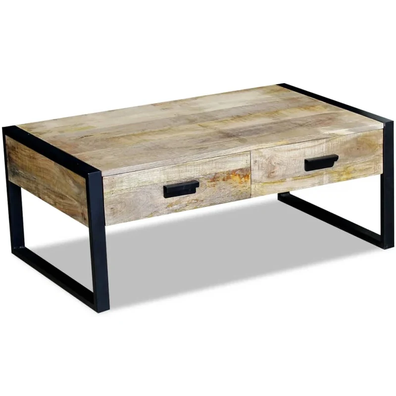 Table basse de salon design industriel avec 2 tiroirs en bois de manguier massif 100 x 60 x 40 cm DEC037317