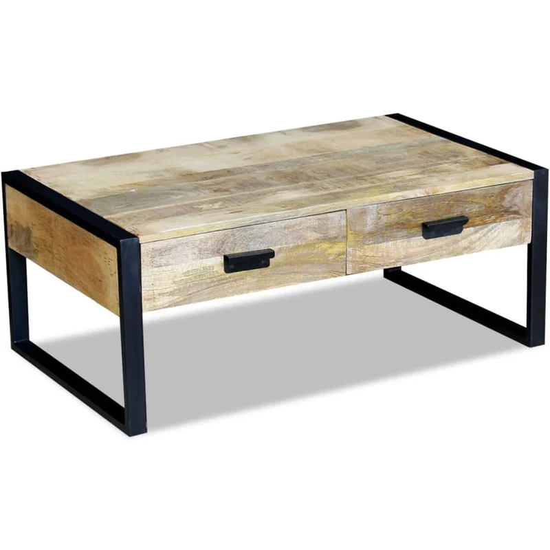 Table basse de salon design industriel avec 2 tiroirs en bois de manguier massif 100 x 60 x 40 cm DEC037317