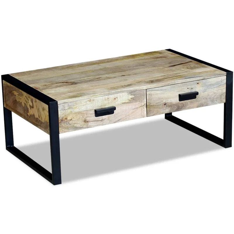 Table basse de salon design industriel avec 2 tiroirs en bois de manguier massif 100 x 60 x 40 cm DEC037317
