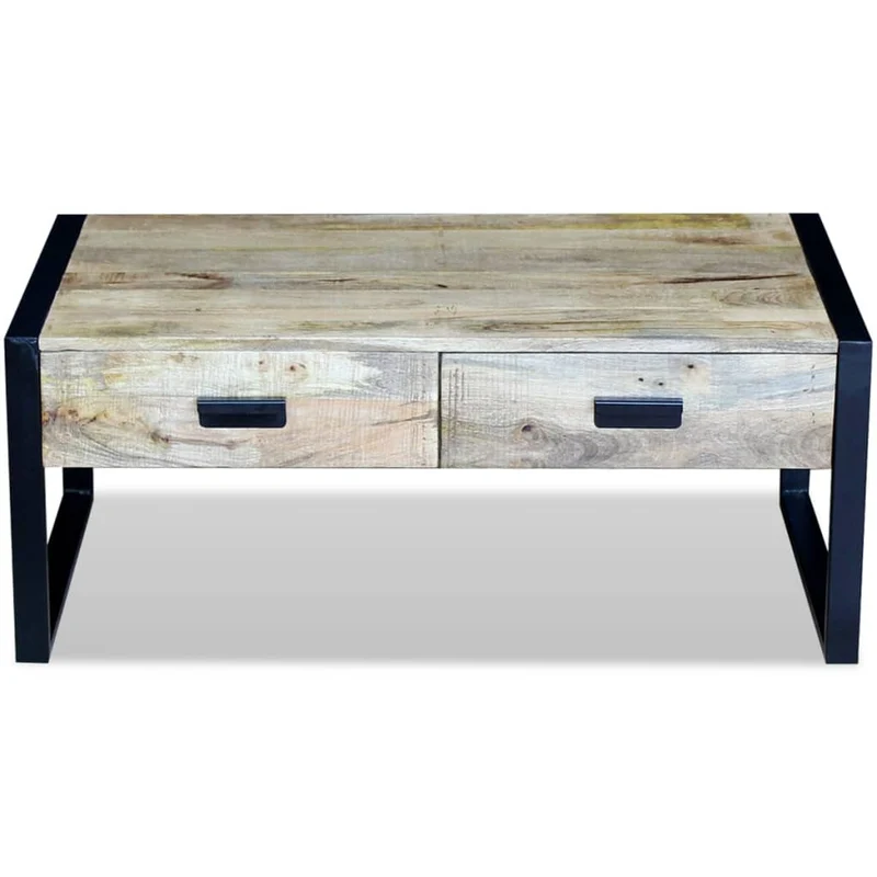 Table basse de salon design industriel avec 2 tiroirs en bois de manguier massif 100 x 60 x 40 cm DEC037317