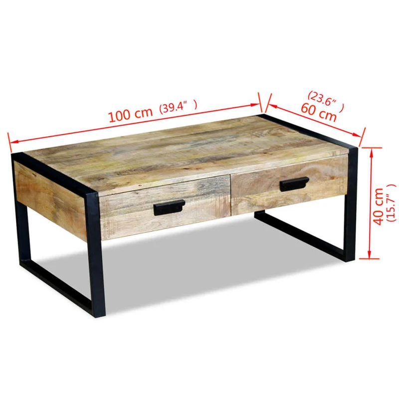 Table basse de salon design industriel avec 2 tiroirs en bois de manguier massif 100 x 60 x 40 cm DEC037317