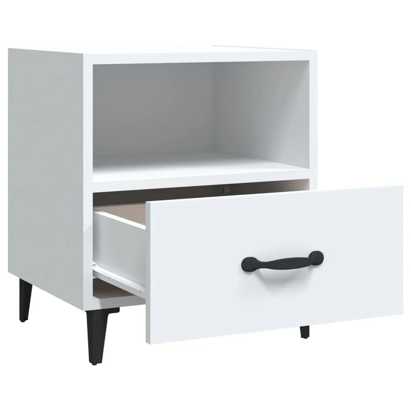 Table de chevet avec tiroir et compartiment ouvert en bois d'ingénierie blanc et métal DEC033431