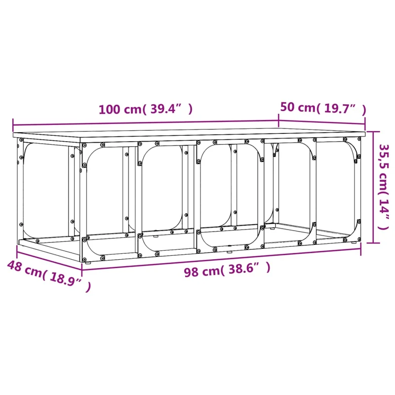 Table basse design industriel 100 x 50 x 35,5 cm bois d'ingénierie gris et métal DEC039940