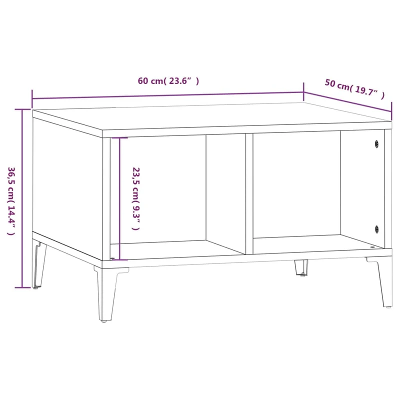 Table basse avec 2 compartiments ouverts design moderne 60 x 50 x 36,5 cm bois d'ingénierie noir et métal DEC039709