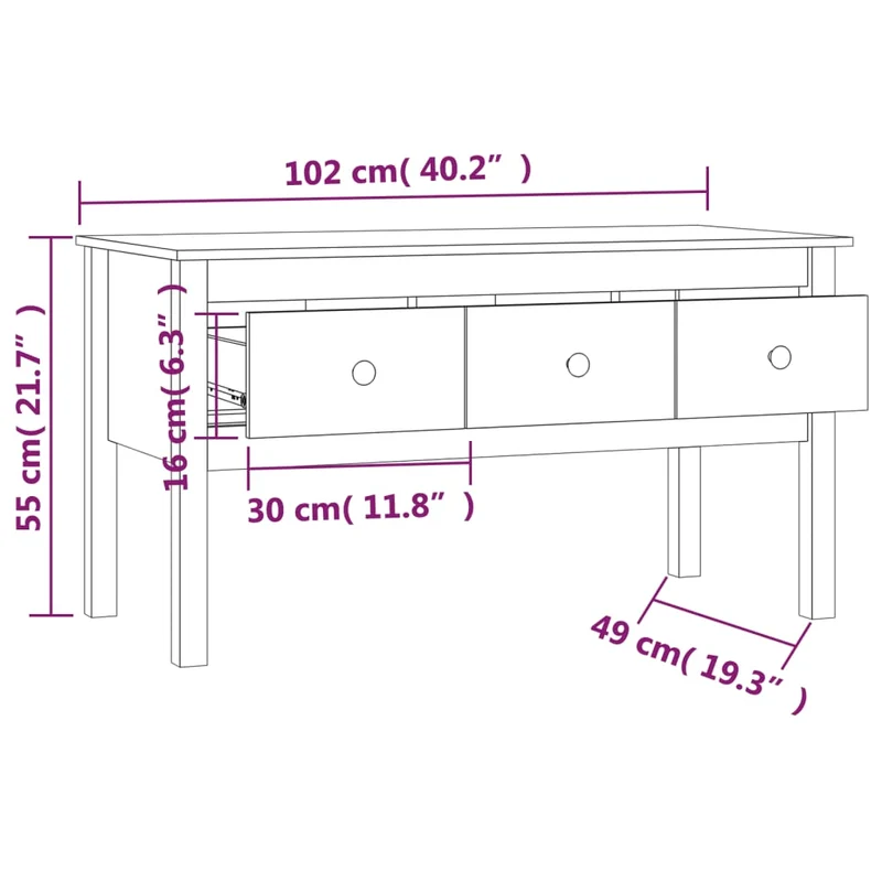 Table basse avec tiroirs design moderne 102 x 49 x 55 cm bois massif de pin noir DEC039589