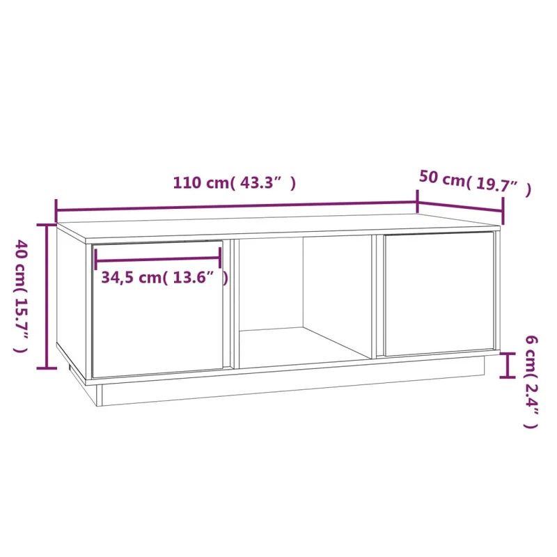 Table basse avec 3 compartiments et 2 portes design moderne 110 x 50 x 40 cm bois massif de pin marron DEC039467
