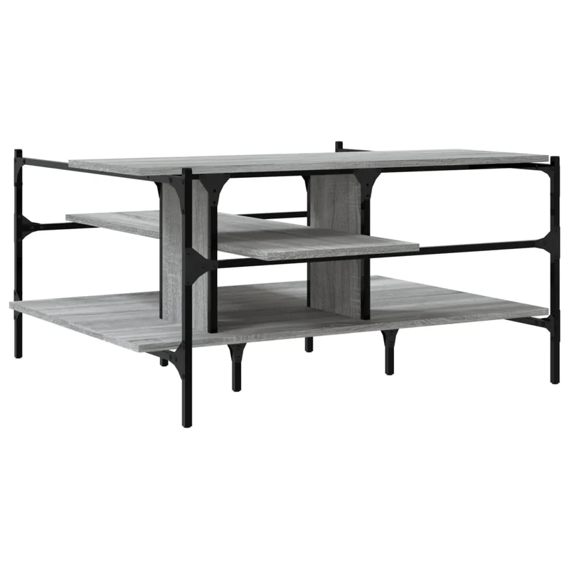 Table basse avec étagères design industriel 100 x 100 x 48,5 cm bois d'ingénierie gris et acier DEC039928