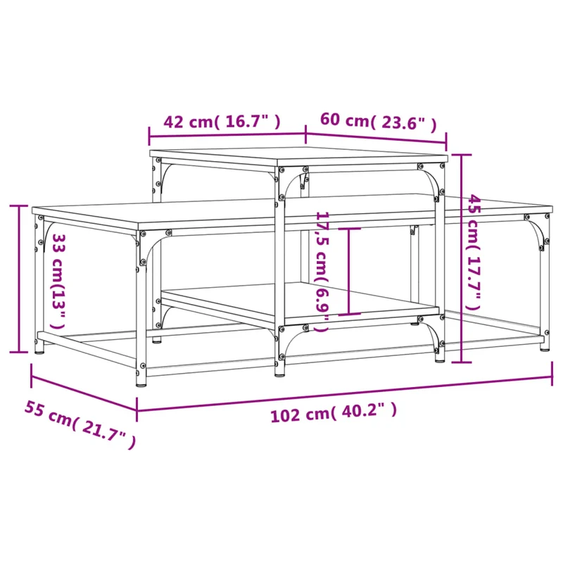 Table basse avec étagères design industriel 102 x 60 x 45 cm bois d'ingénierie couleur chêne et métal DEC038918