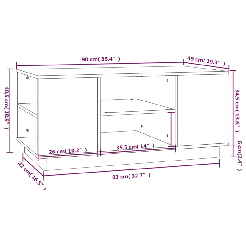 Table basse avec 6 compartiments design moderne 90 x 49 x 40,5 cm bois massif de pin blanc DEC037988