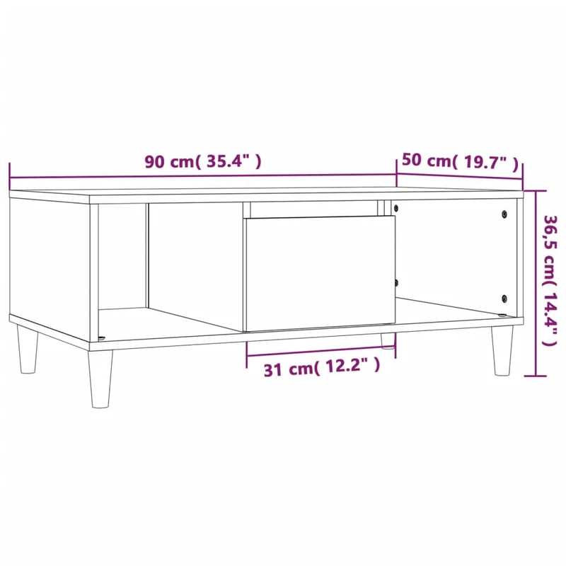 Table basse avec 2 compartiments ouverts et tiroir design moderne 90 x 50 x 36,5 cm bois d'ingénierie couleur chêne DEC039047