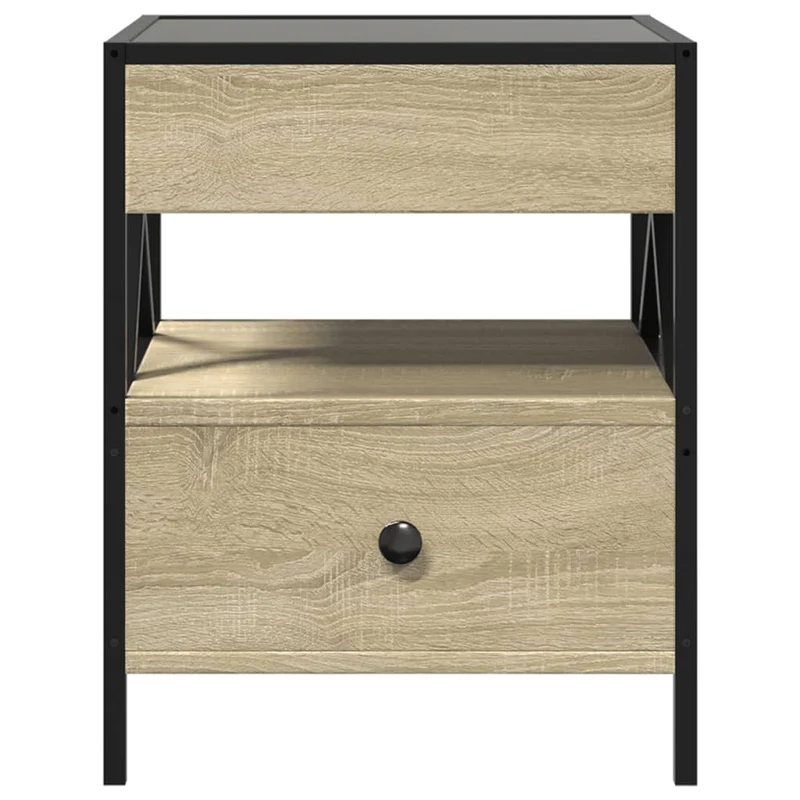 Table de chevet avec tiroir design moderne avec LED 40 x 40 x 51 cm bois d'ingénierie couleur chêne verre et métal DEC037561