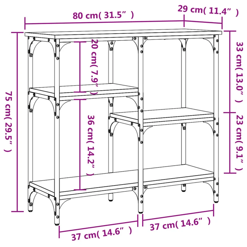 Table console avec étagères design industriel 80 x 29 x 75 cm bois d'ingénierie couleur chêne et métal DEC031962