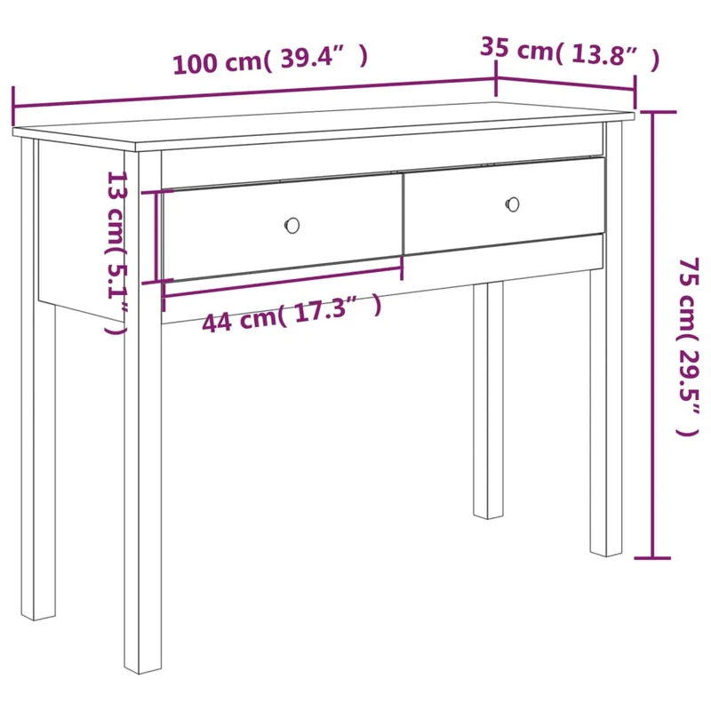 Table console avec deux tiroirs 100 x 35 x 75 cm bois massif de pin non traité DEC031495