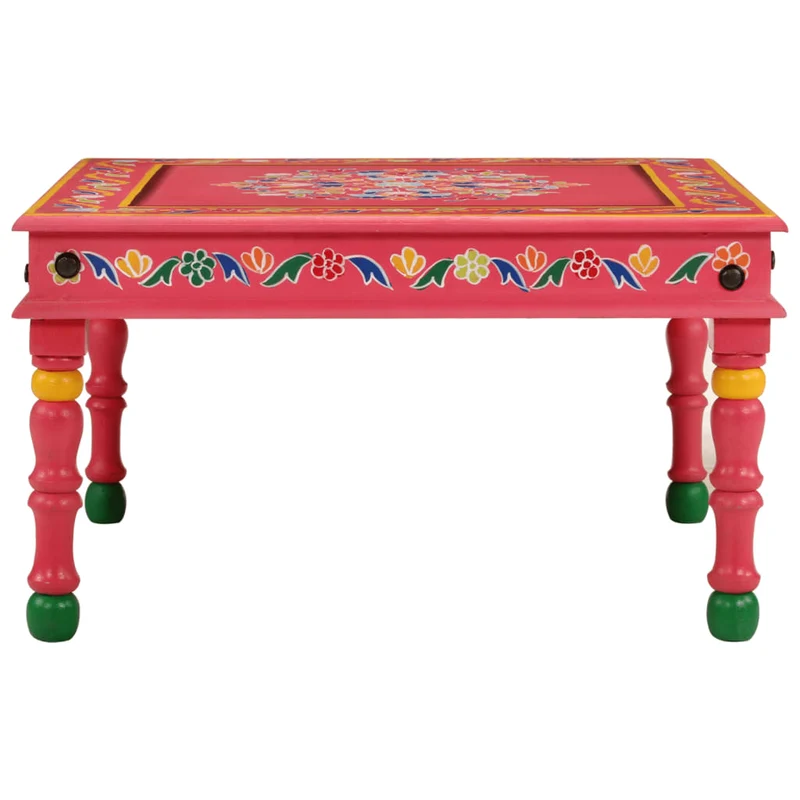 Table basse design artisanal rétro et décoratif bois de manguier massif peint à la main rose DEC039917