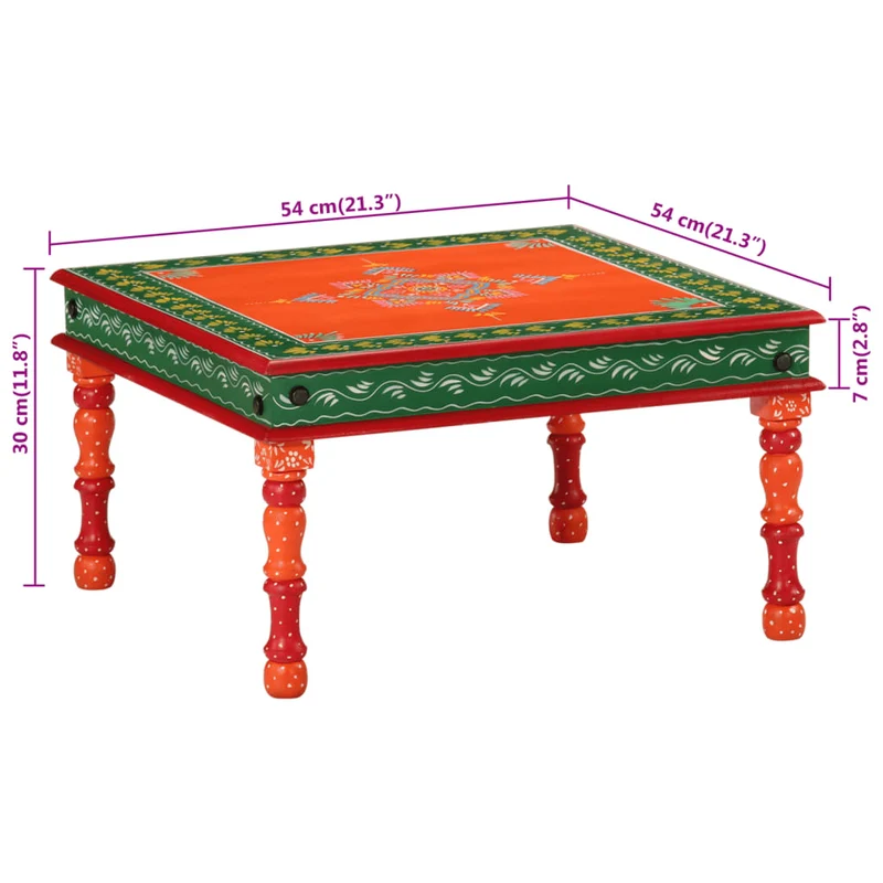 Table basse design artisanal rétro et décoratif en bois de manguier massif peint à la main orange DEC039904