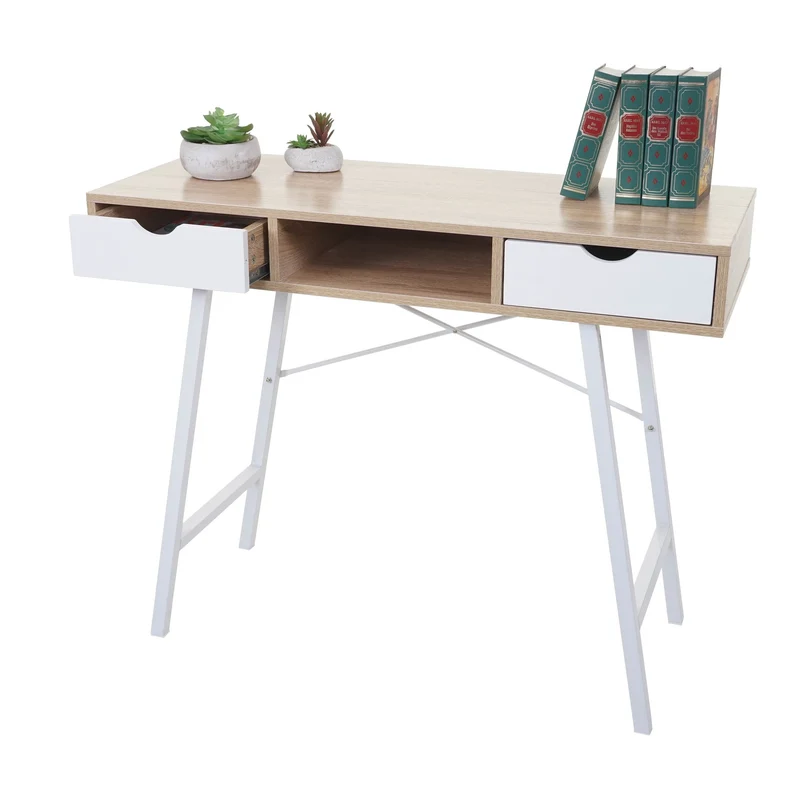 Table d'appoint bureau console avec tiroirs 100x40 cm blanc brun naturel design scandinave 04_0005053