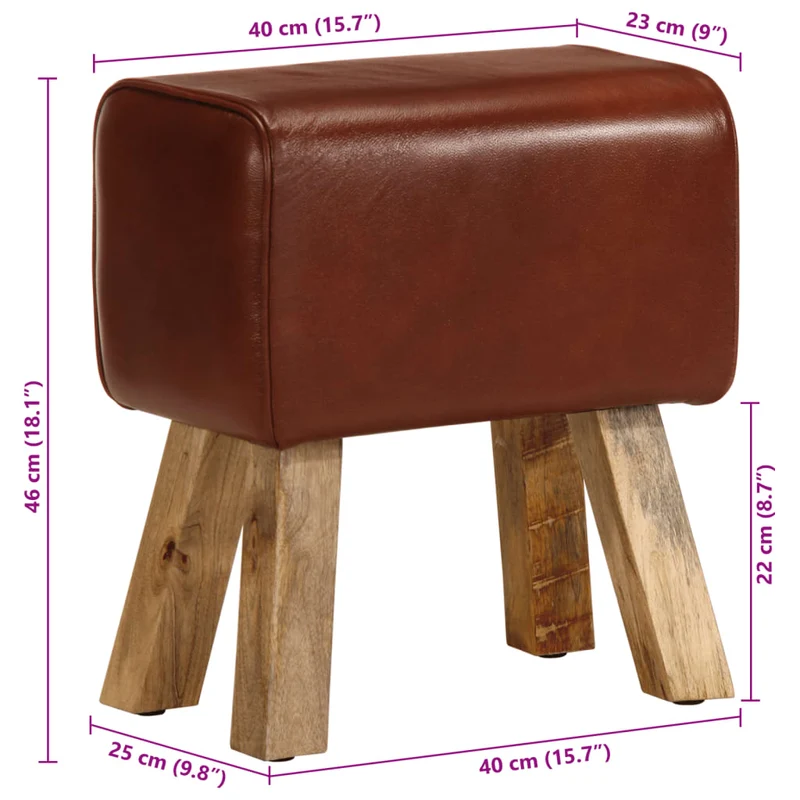 Banc saut de cheval tabouret 38 cm en cuir véritable marron et manguier brun DEC025011